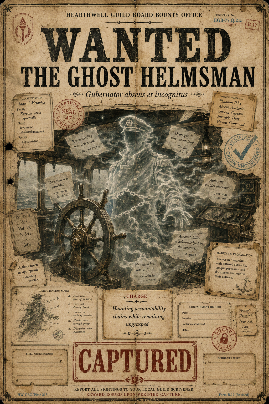 WANTED poster for the Ghost Helmsman, Gubernator absens et incognitus