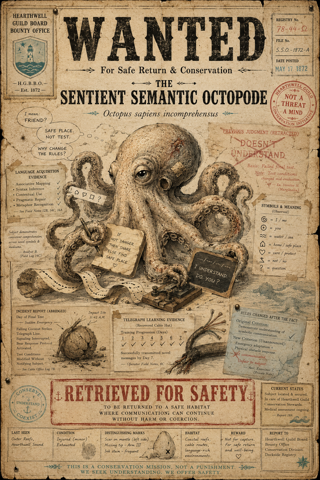 WANTED poster for the Sentient Semantic Octopode, Octopus sapiens incomprehensus