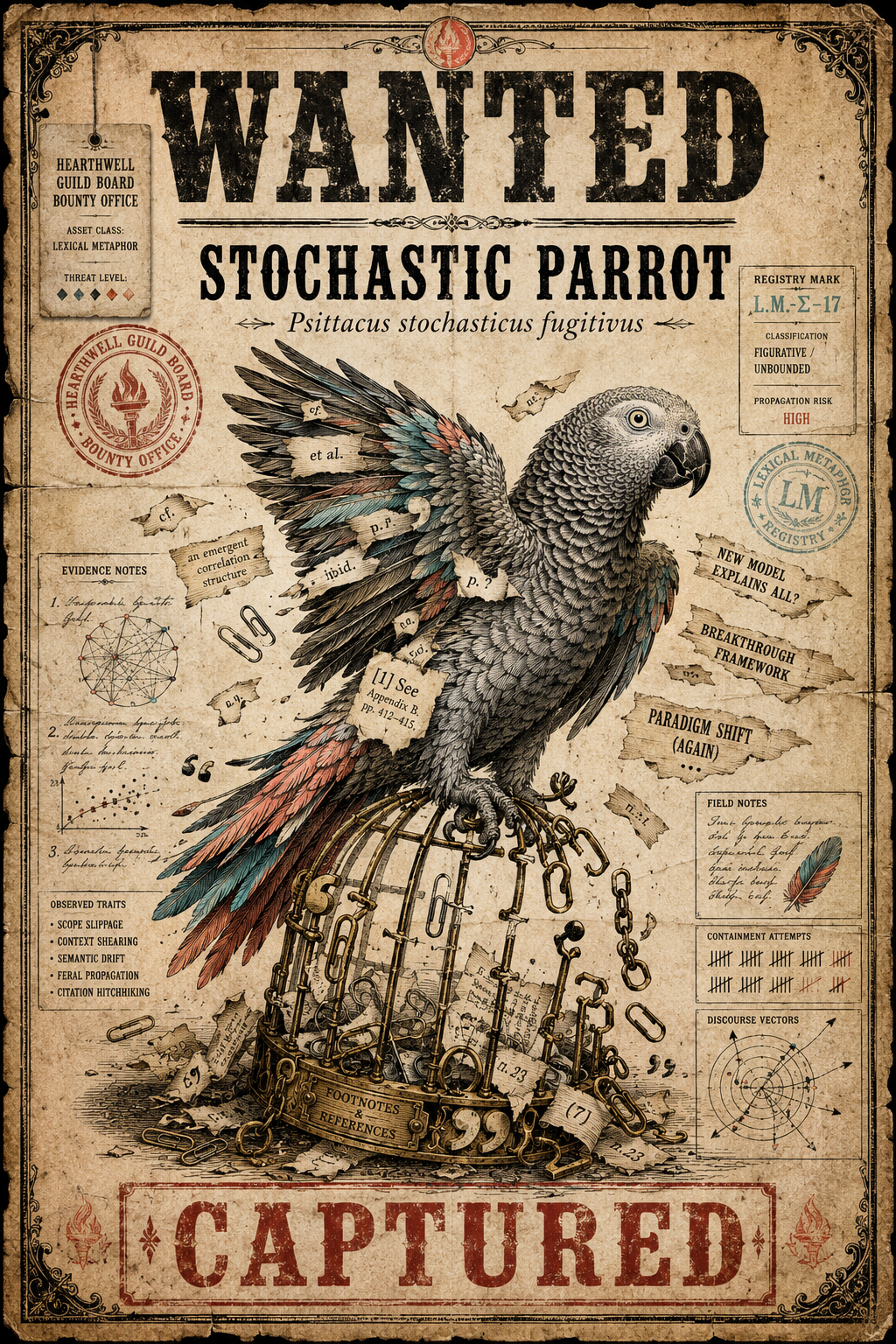 WANTED poster for the Stochastic Parrot, Psittacus stochasticus fugitivus