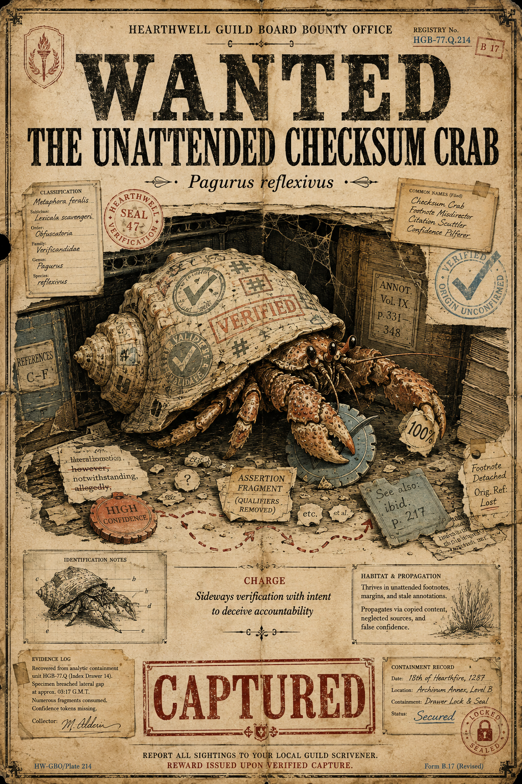 WANTED poster for the Unattended Checksum Crab, Pagurus reflexivus