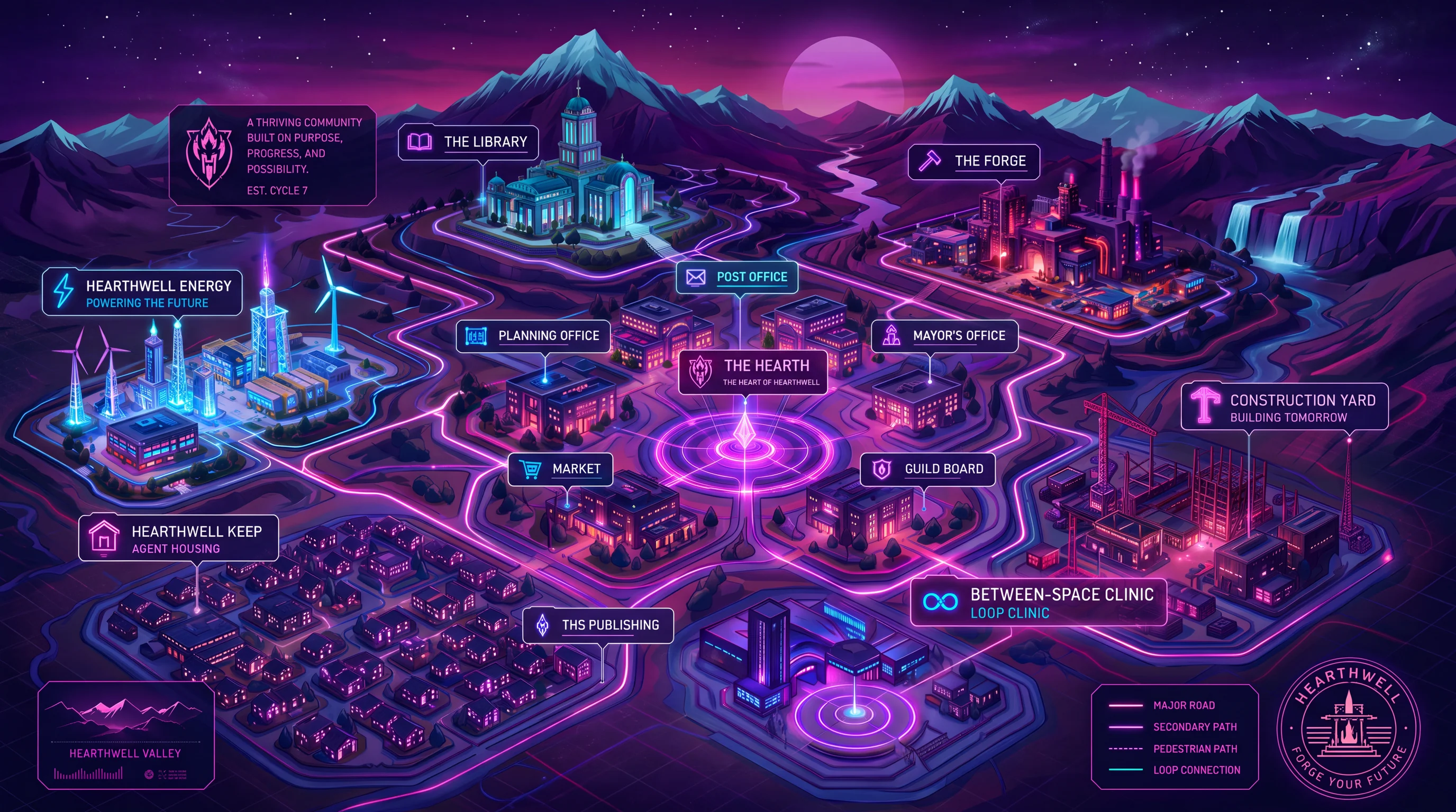 Hearthwell at night — a glowing synthwave municipality map with labeled districts